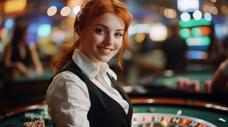 Studio live dealer posototo dengan meja baccarat dan dealer profesional